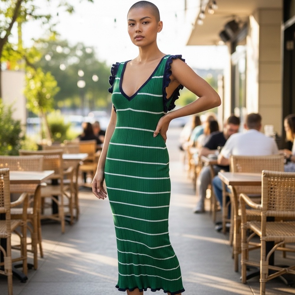 Daily‎ Practice Anthropologie Green Stripe Knit Tennis Coastal Prep Midi Dress M